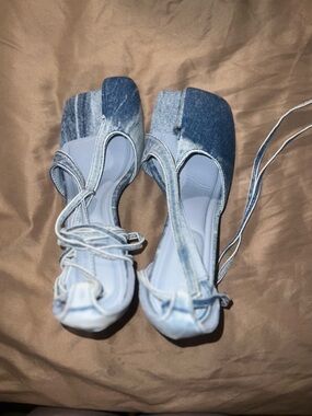 Denim Square-Toe Lace-Up Heels in Light Blue